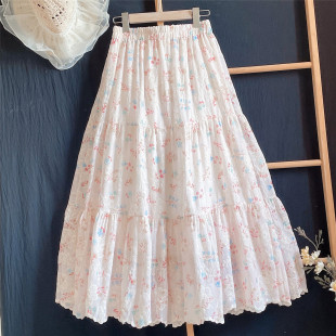 2026新款 蛋糕超长裙90cm粉色碎花刺绣垂感半身裙女A字裙子显瘦