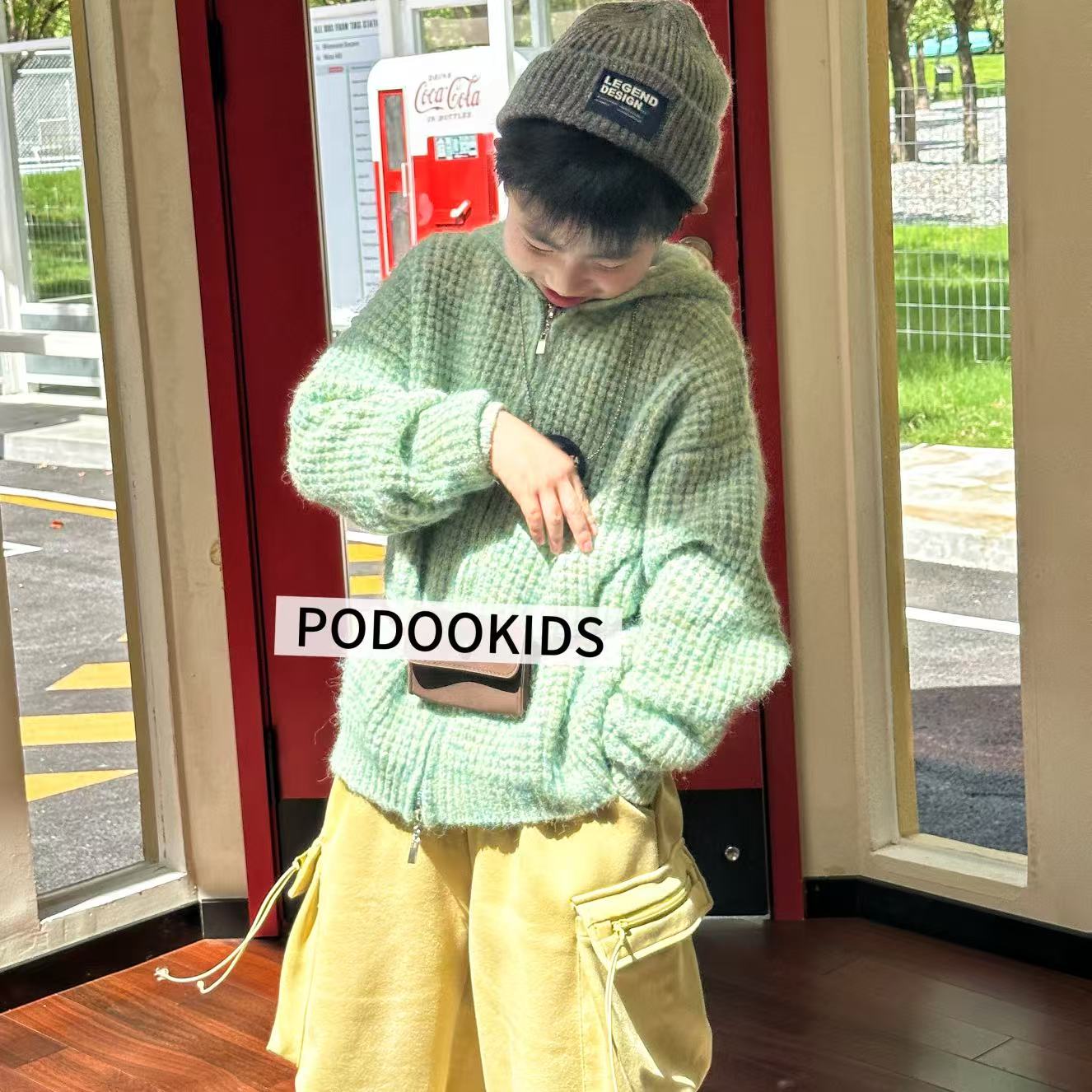 【奶雾豆绿菠萝格毛衣套装】男童加厚秋冬拉链连帽毛衣开衫外套套