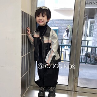 中性风儿童质感机车皮衣 粉银拼接机车皮衣 泰酷辣