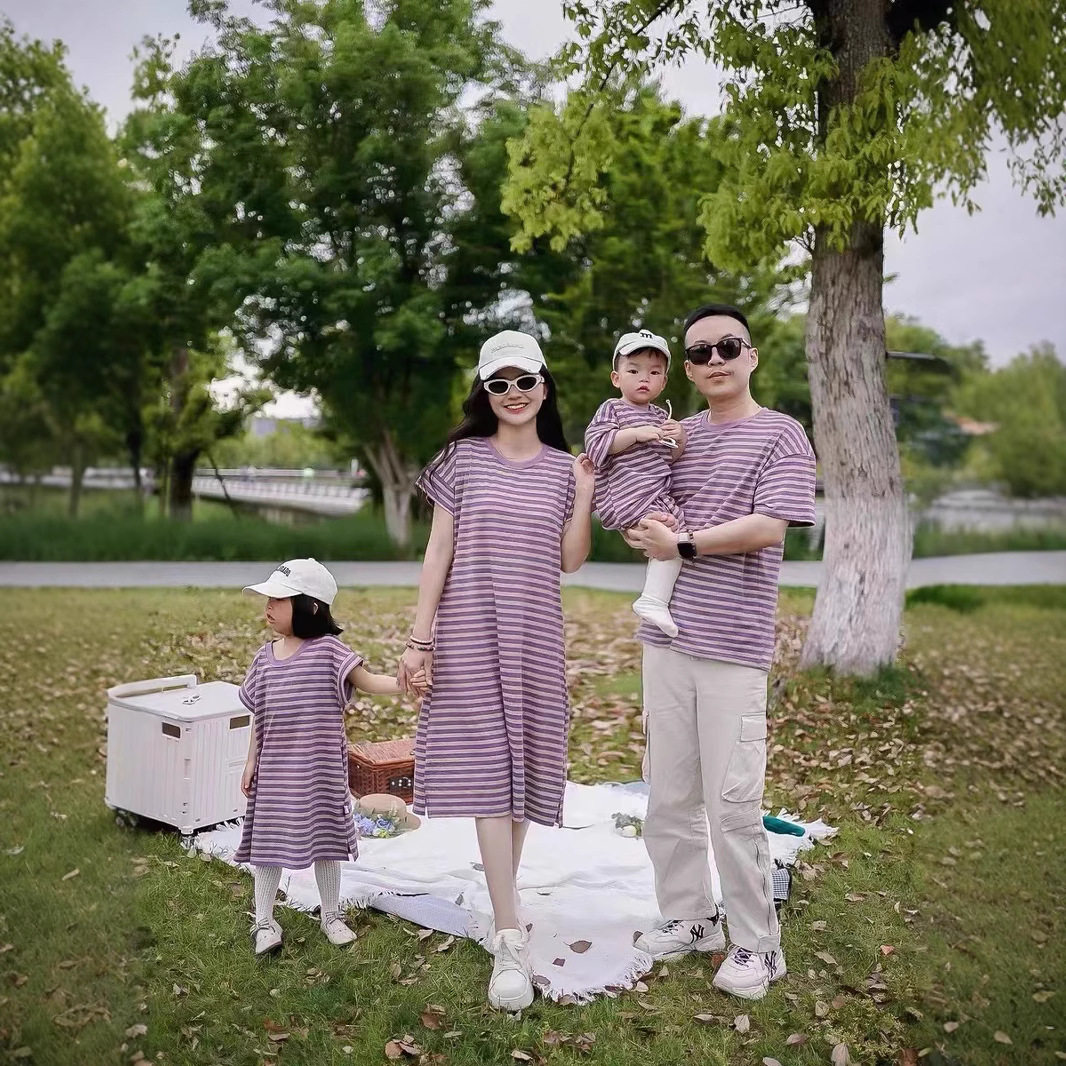 2026夏婴儿哈衣爬服亲子短袖tT恤短裤两件套装母女条纹宽松连衣裙
