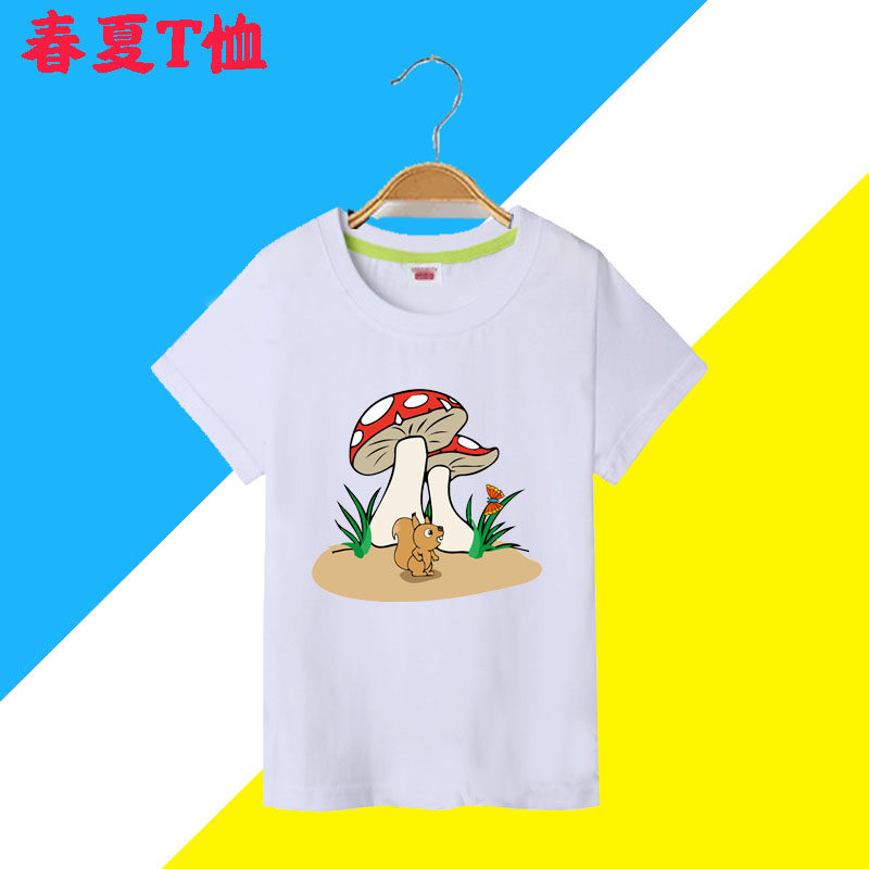 小松鼠蘑菇香菇儿童图案衣服夏纯棉男童短袖T恤中大女童装亲子装