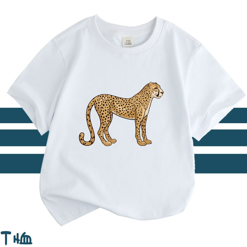 豹子印花图案T恤女短袖打底衫2025新款夏装宽松男儿童白色棉T上衣