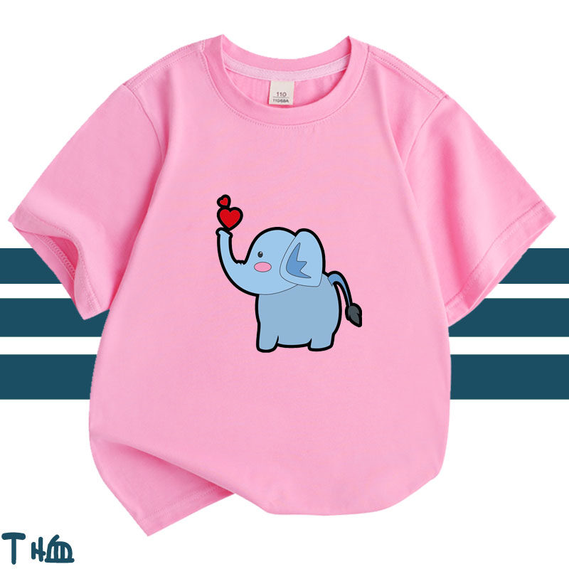 儿童短袖T恤可爱卡通大象图案男童夏装纯棉半袖女童宝宝粉色t童装
