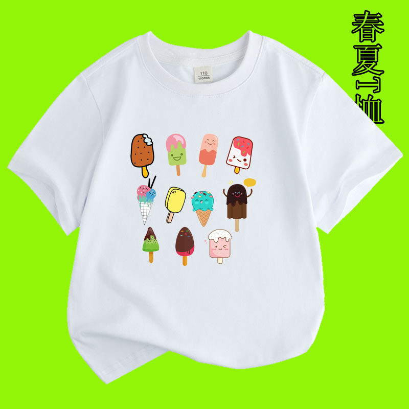 纯棉卡通草莓冰淇淋雪糕冰棒ice cream白色短袖T恤成人衣服儿童装