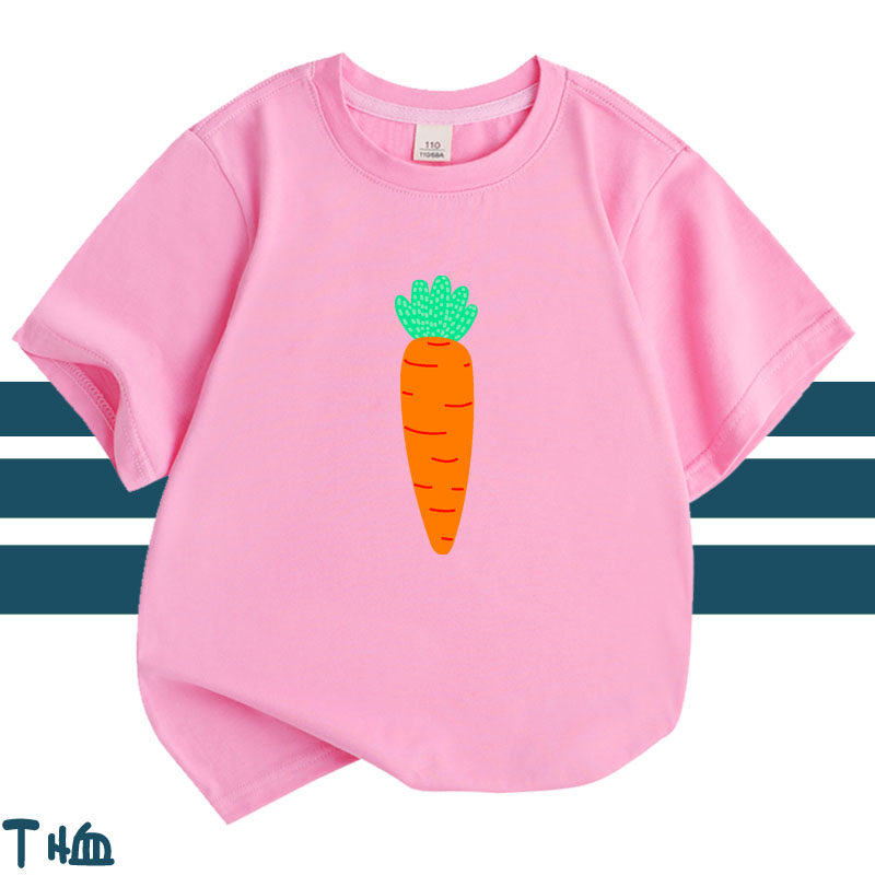 胡萝卜图案儿童绿色t恤衫 中小童演出幼儿园班服男女童装宝宝短袖