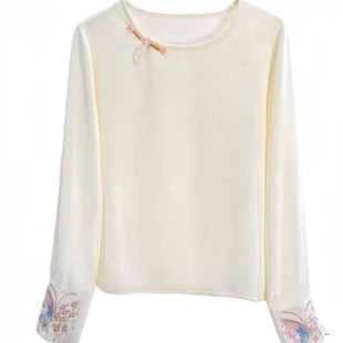 新中式国风刺绣袖口圆领长袖提花衬衫百搭显瘦女装T恤上衣薄打底