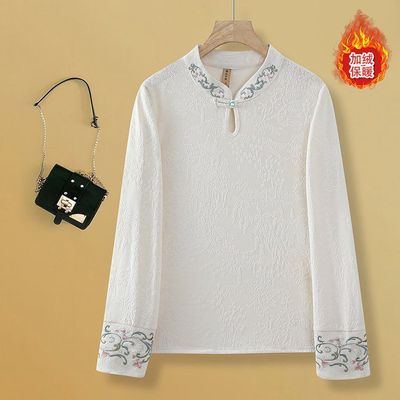 2025年秋冬新中式国风立领盘扣衬衫抓绒加厚刺绣提花长袖保暖上衣