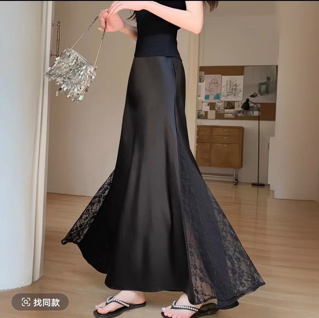 法式高级感蕾丝拼接醋酸黑色半身裙女夏季高腰显瘦中长缎面包臂裙