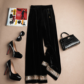 昭昭 新中式 国风黑色丝绒裤 子女珠片绳绣阔腿裤 子女直筒休闲裤