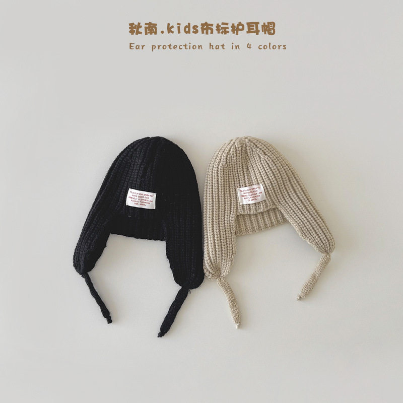 儿童帽子秋冬季新款个性字母标针织护耳帽男女宝宝保暖防风毛线帽