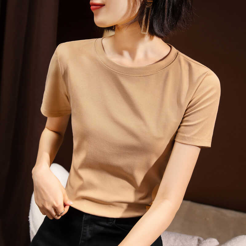 纯棉短袖t恤女纯色圆领夏季新款夏日多巴胺大码宽松遮肚女生上衣