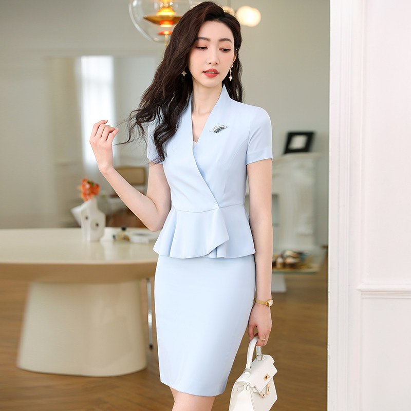 蓝色西装套裙空姐职业装珠宝店制服前台工作服女夏季薄款气质时尚