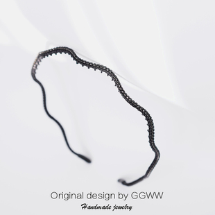 GGWW原创波浪带齿发箍黑色水钻隐形发卡极细实用头箍防滑压发细款