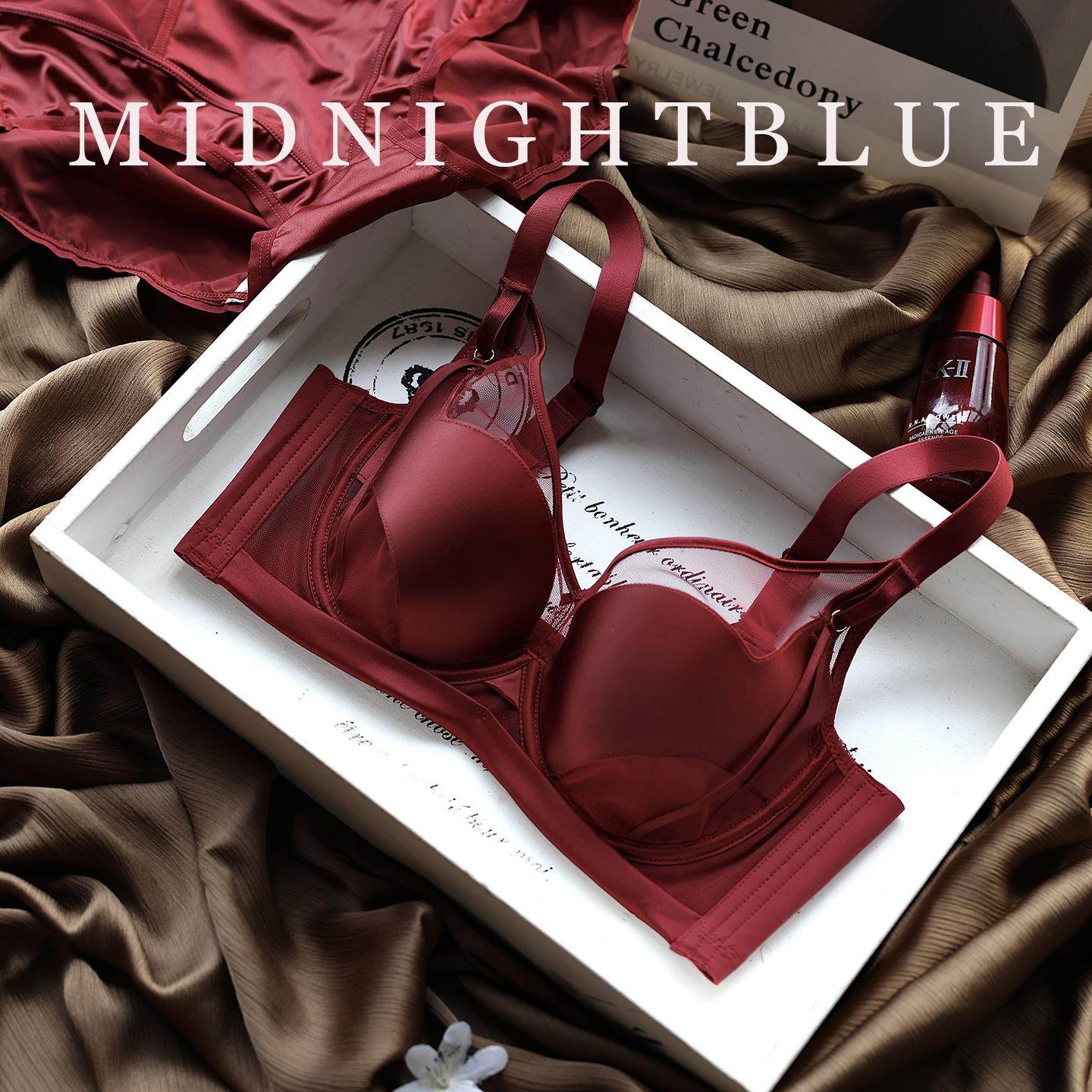 正品牌奢华缎面薄款软钢圈酒红本命年性感光面内衣套装舒适调文胸