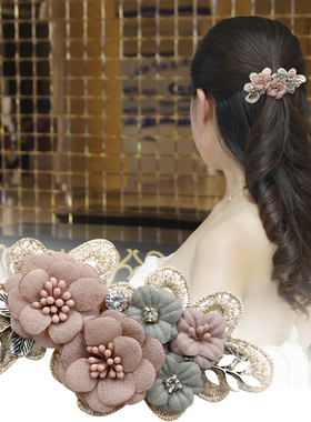 七彩格子（饰品）韩版蕾丝顶夹布艺花朵弹簧夹仿钻发夹发饰A0534