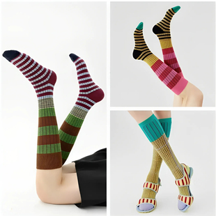 网红同款 条纹小腿袜春夏显瘦复古千鸟格长筒棉袜及膝袜中筒瑜伽