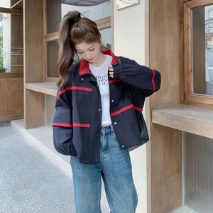 藏青色设计感撞色拼接外套女2025春秋季新款韩版流行显瘦夹克上衣图片
