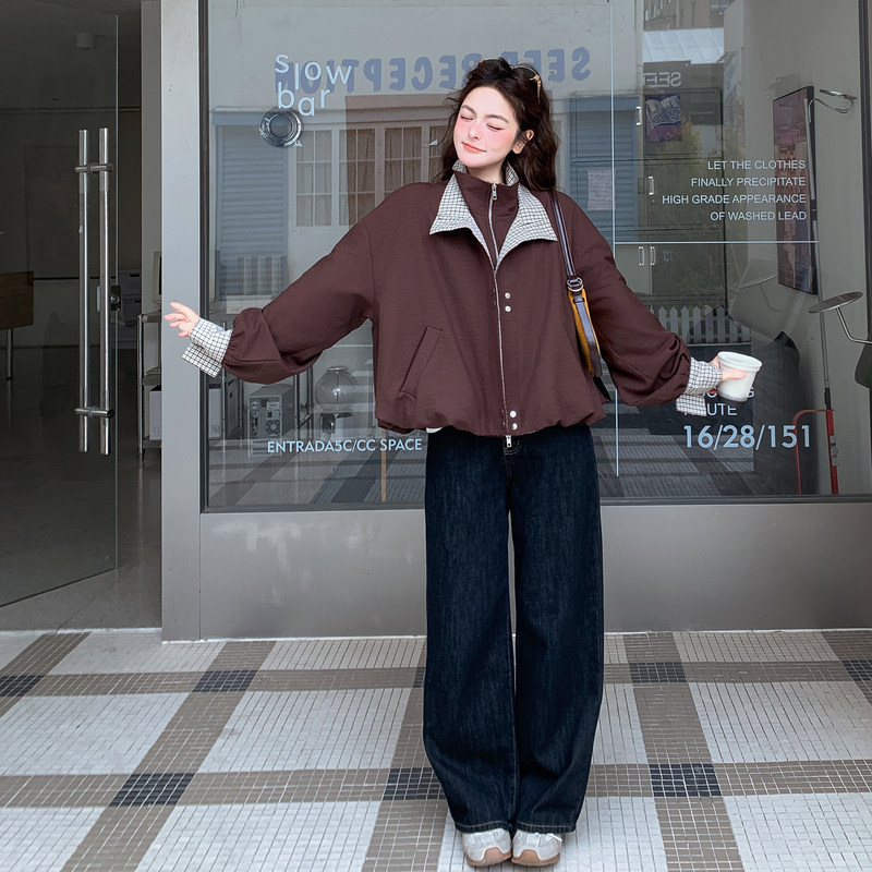 196现货短外套女格子拼接7008新款P165控258，女装短外套，昱喆服饰