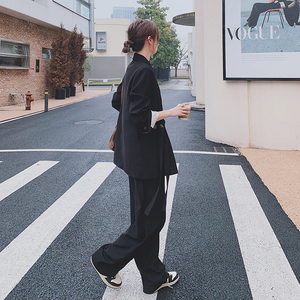 时尚宽松黑色西装套装女2025秋季新款高级感西服阔腿长裤两件套图片