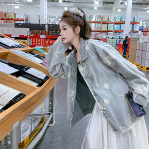 巨好看设计感网纱绣花拼接牛仔外套女2025秋新款休闲时尚翻领上衣，女装短外套，昱喆服饰