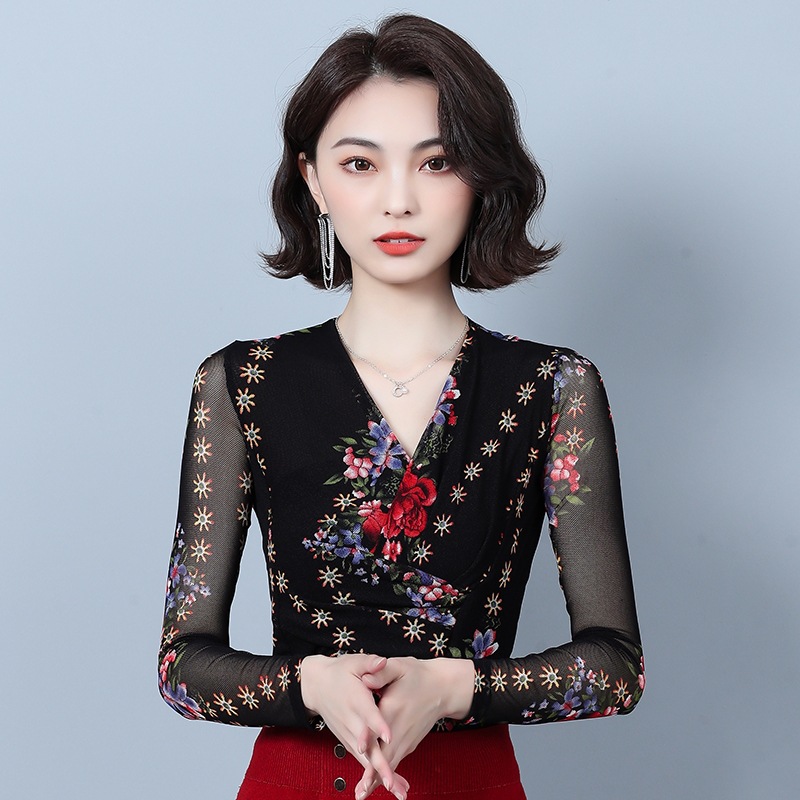 v领印花春秋网纱显瘦广场交谊舞