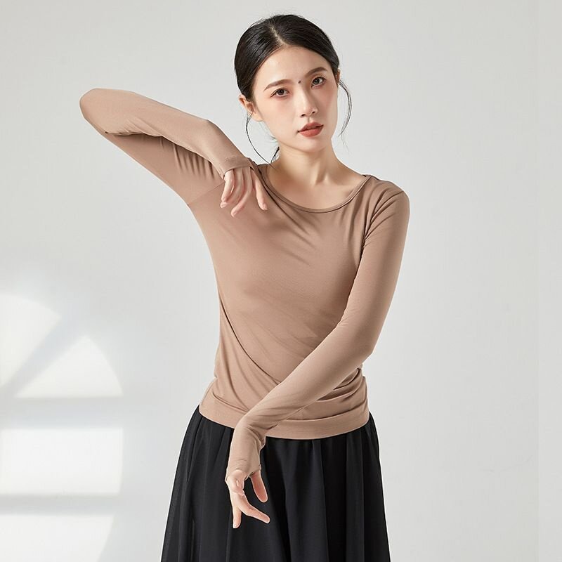 现代舞服装成人舞蹈练功服女拉丁舞上衣瑜珈集训服莫代尔套指演出