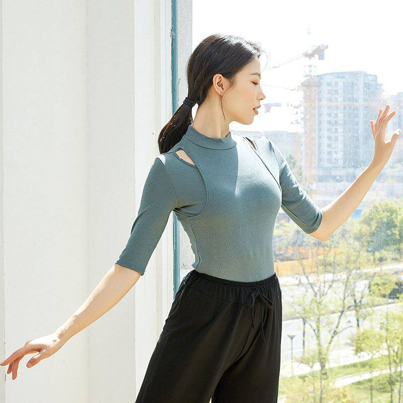 现代舞蹈练功服女式紧身中袖上衣黑色白色表演瑜伽艺考