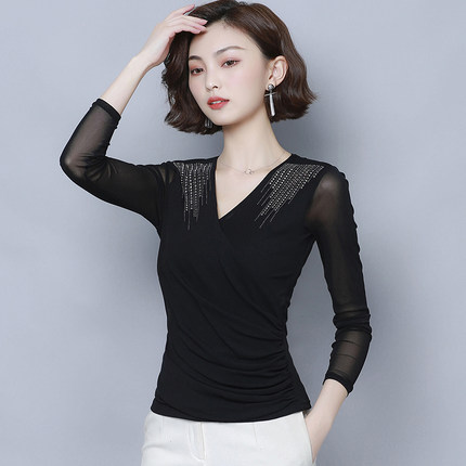 春秋网纱v领拉丁舞上衣遮肚显瘦国标摩登交谊舞长袖广场舞服装女