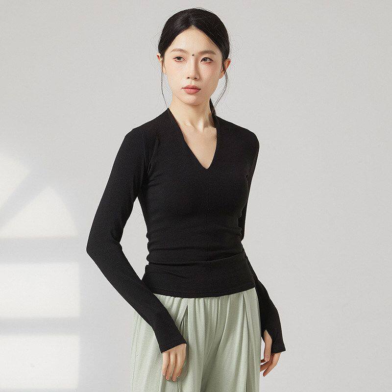 现代舞套指长袖V领背心舞蹈上衣形体服日常修身古典舞练功服
