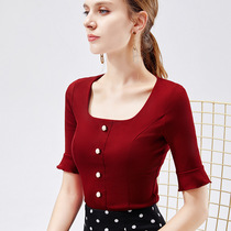 Square collar women's middle sleeve autumn single breasted trumpet sleeve Latin Dance Top national standard modern dance body training clothing