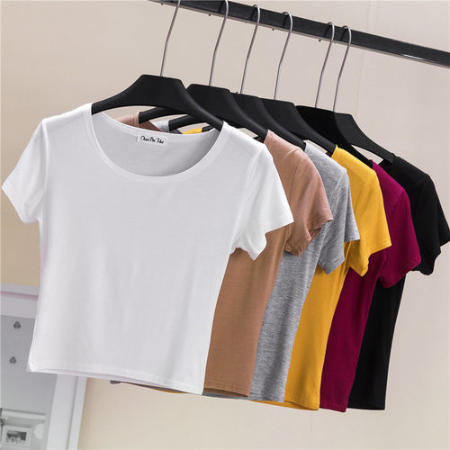 莫代尔短袖露脐运动夏季高腰