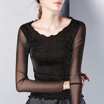 Spring and summer new Latin Dance Modern Social Dance Top Women's bright silk screen wood ear long sleeve dance training clothing