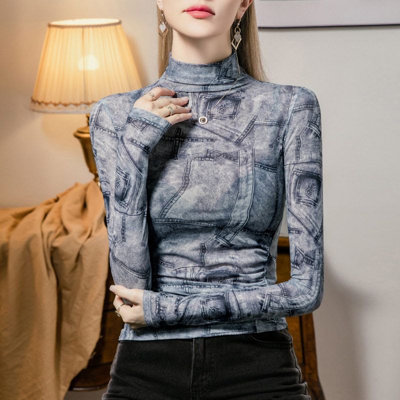 牛仔印花高领网纱打底衫女秋季新款弹力拉丁舞长袖T恤摩登舞上衣