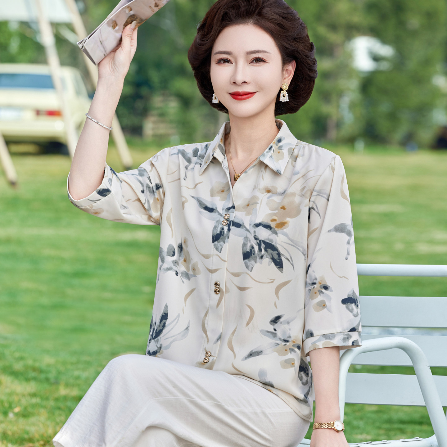 妈妈夏装衬衫2026新款中老年女装春夏季七分袖时尚雪纺衫中袖上衣