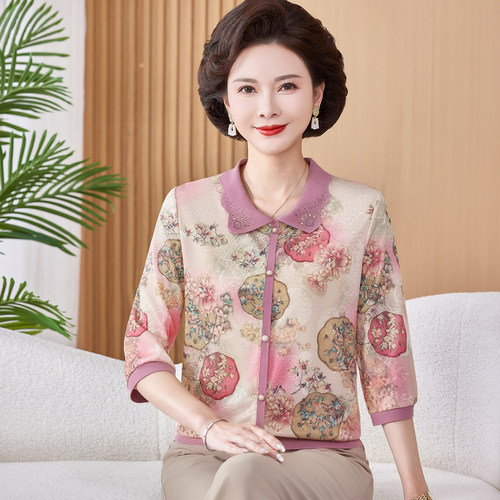 妈妈春装七分袖T恤薄款奶奶小衫