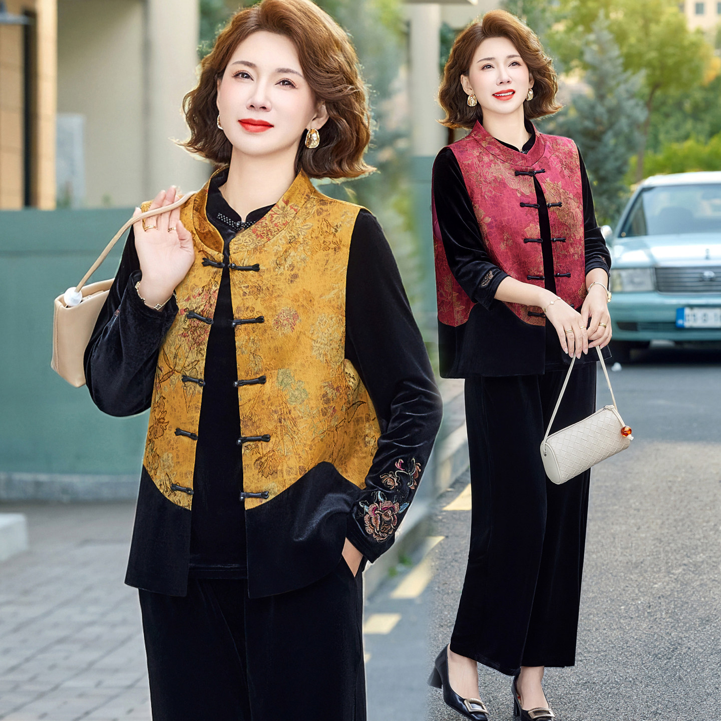 妈妈春装三件套新中式国风金丝绒套装洋气时尚中老年人马甲外套女