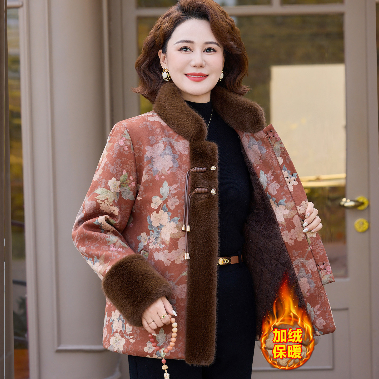 新中式妈妈装冬季加绒保暖大衣中老年棉衣女加厚棉服外套国风棉袄