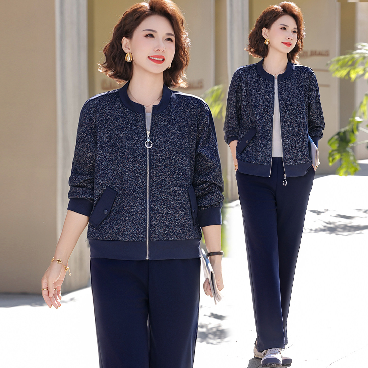 妈妈春装外套圆领棒球服套装新款中老年女装春秋时尚运动服两件套