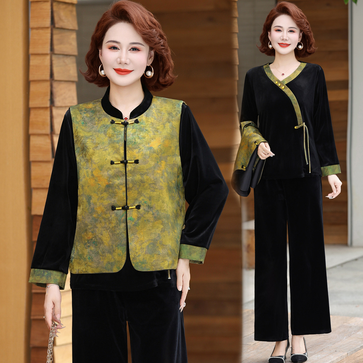 妈妈春装三件套新中式国风马夹外套中老年女春秋季时尚金丝绒套装
