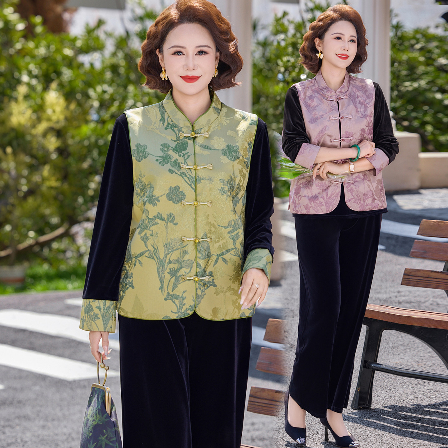 新中式妈妈春装金丝绒套装中老年人春秋刺绣马甲上衣三件套唐装女