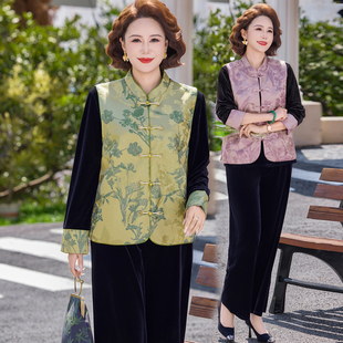 新中式妈妈春装金丝绒套装中老年人春秋刺绣马甲上衣三件套唐装女