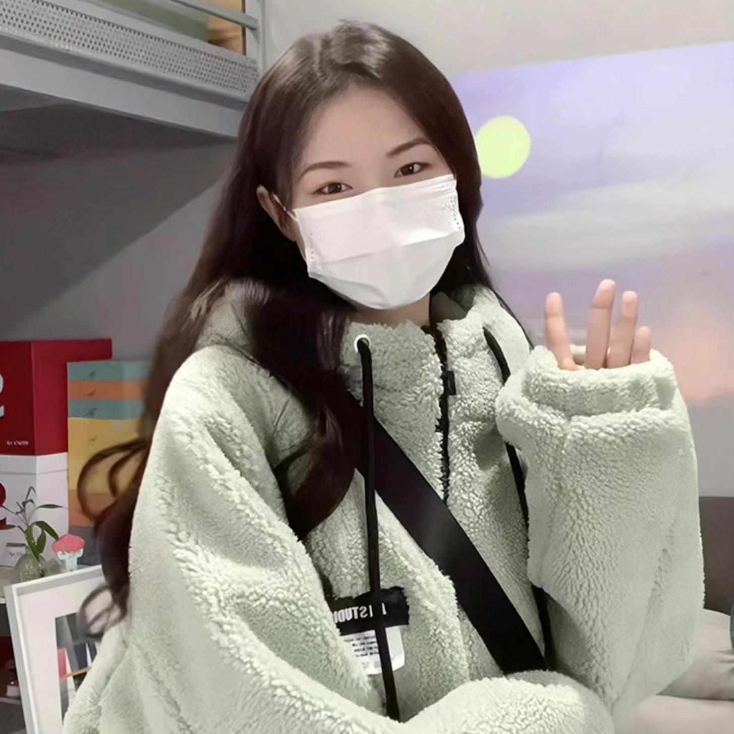 绿色连帽羊羔毛外套女秋冬季百搭小个子加绒加厚羊羔绒卫衣ins潮