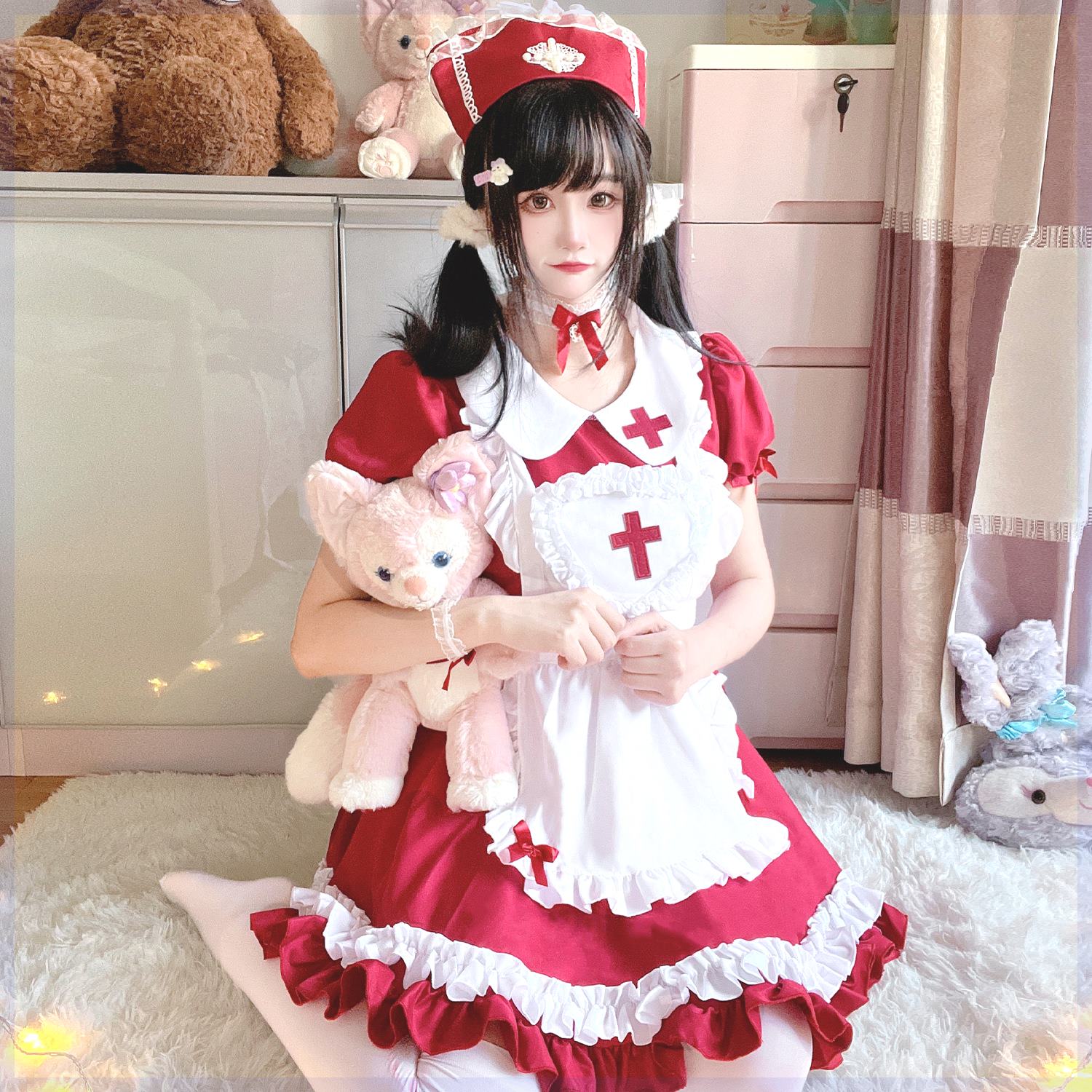 原创日本软妹Lolita 酒红十字架女仆装cos服女佣裙女装大佬连衣裙