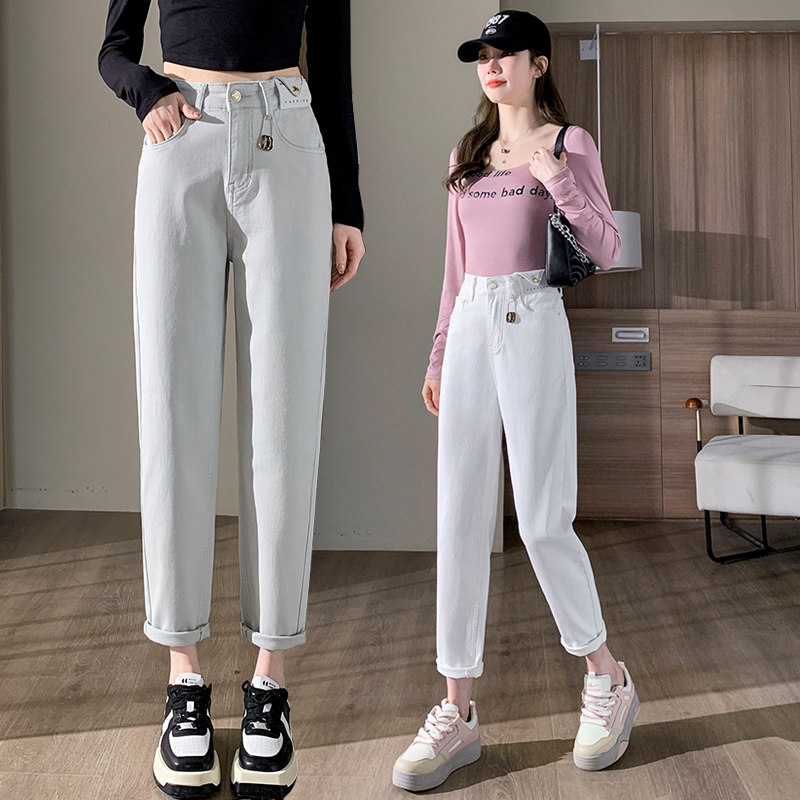 灰白色哈伦牛仔裤女春季2024新款宽松显瘦休闲裤子高腰老爹萝卜裤
