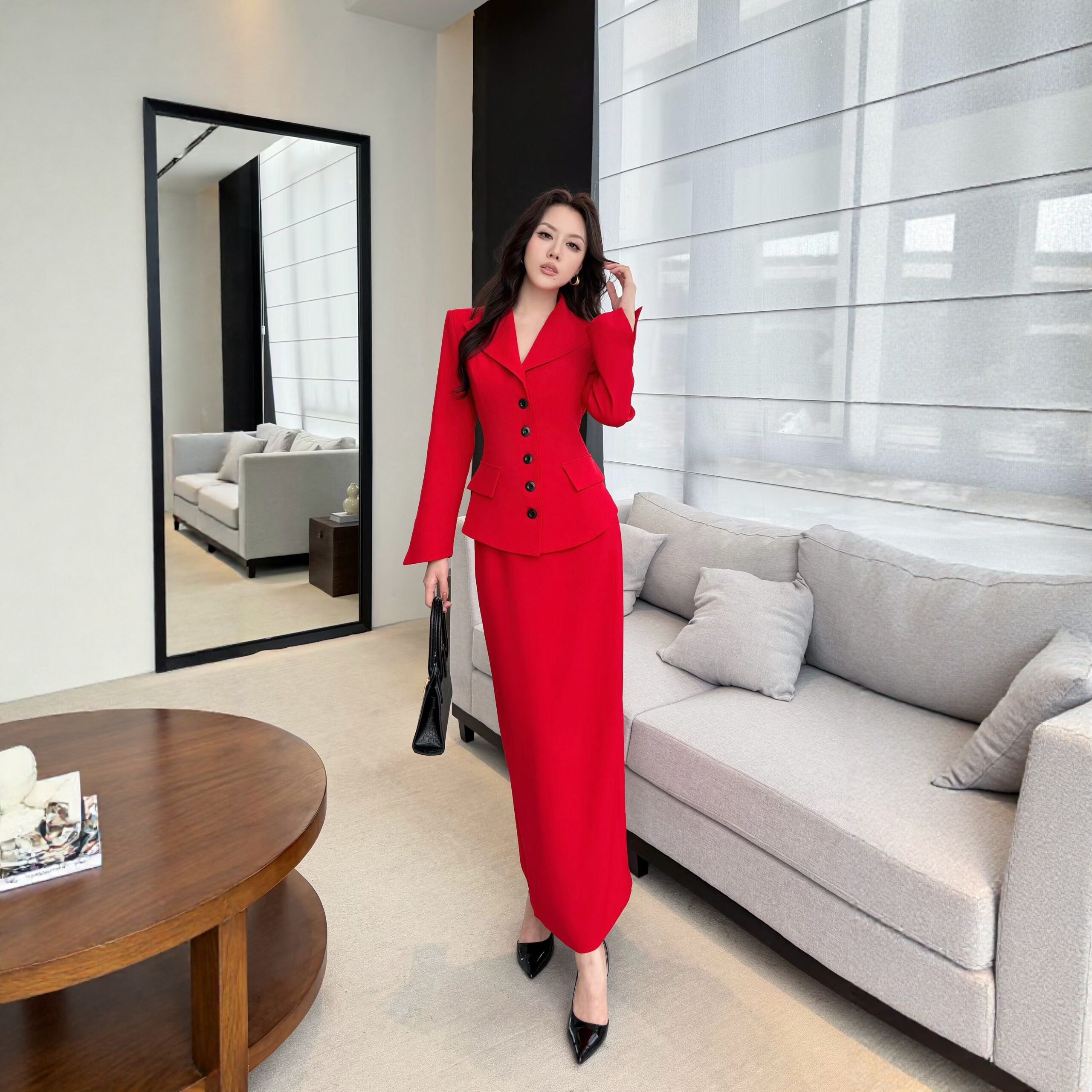 轻奢职业西装套装女收腰单排扣长袖西服高腰半身裙两件套显瘦气质