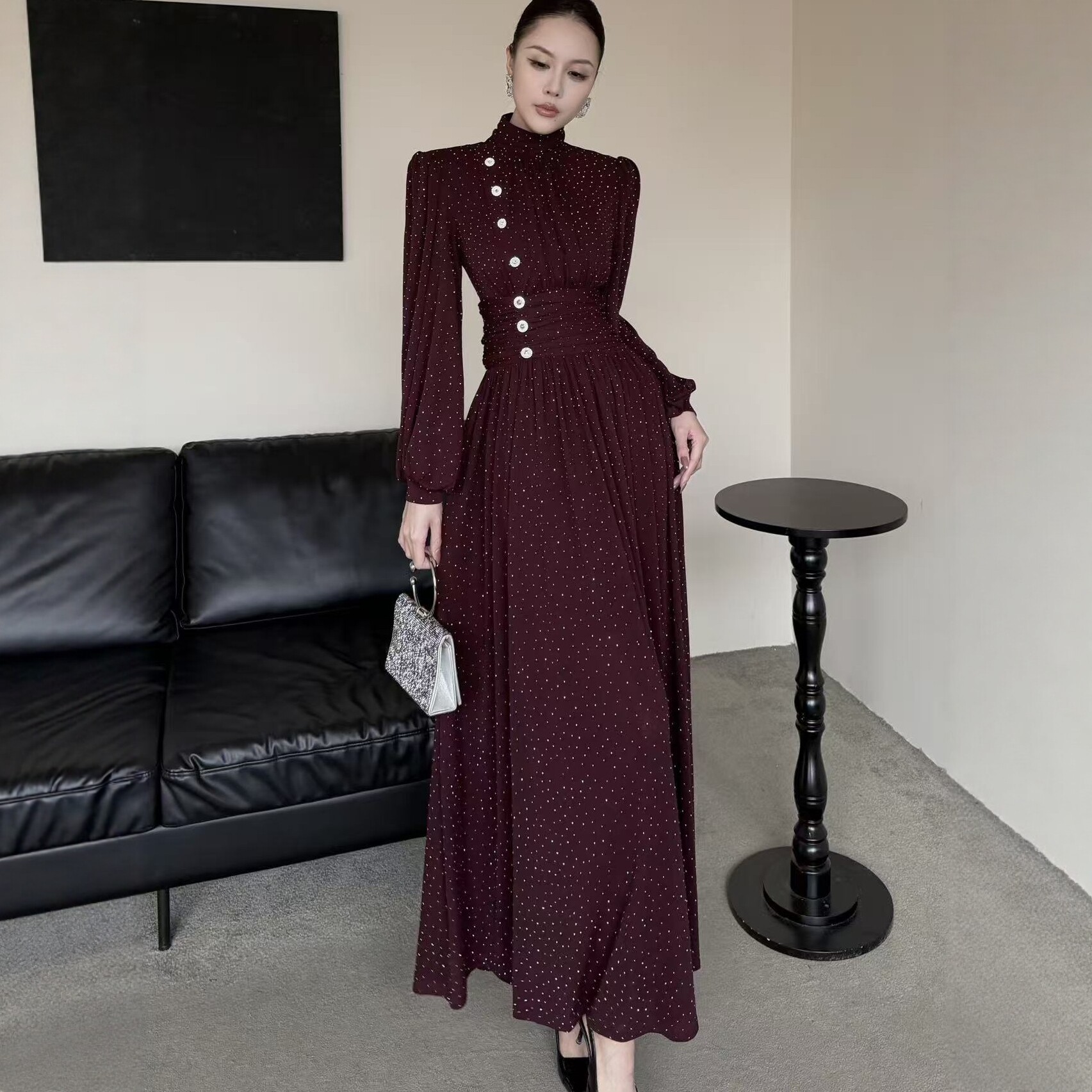 法式闪钻连衣裙女立领泡泡长袖排扣收腰大摆长裙轻奢宴会礼服裙