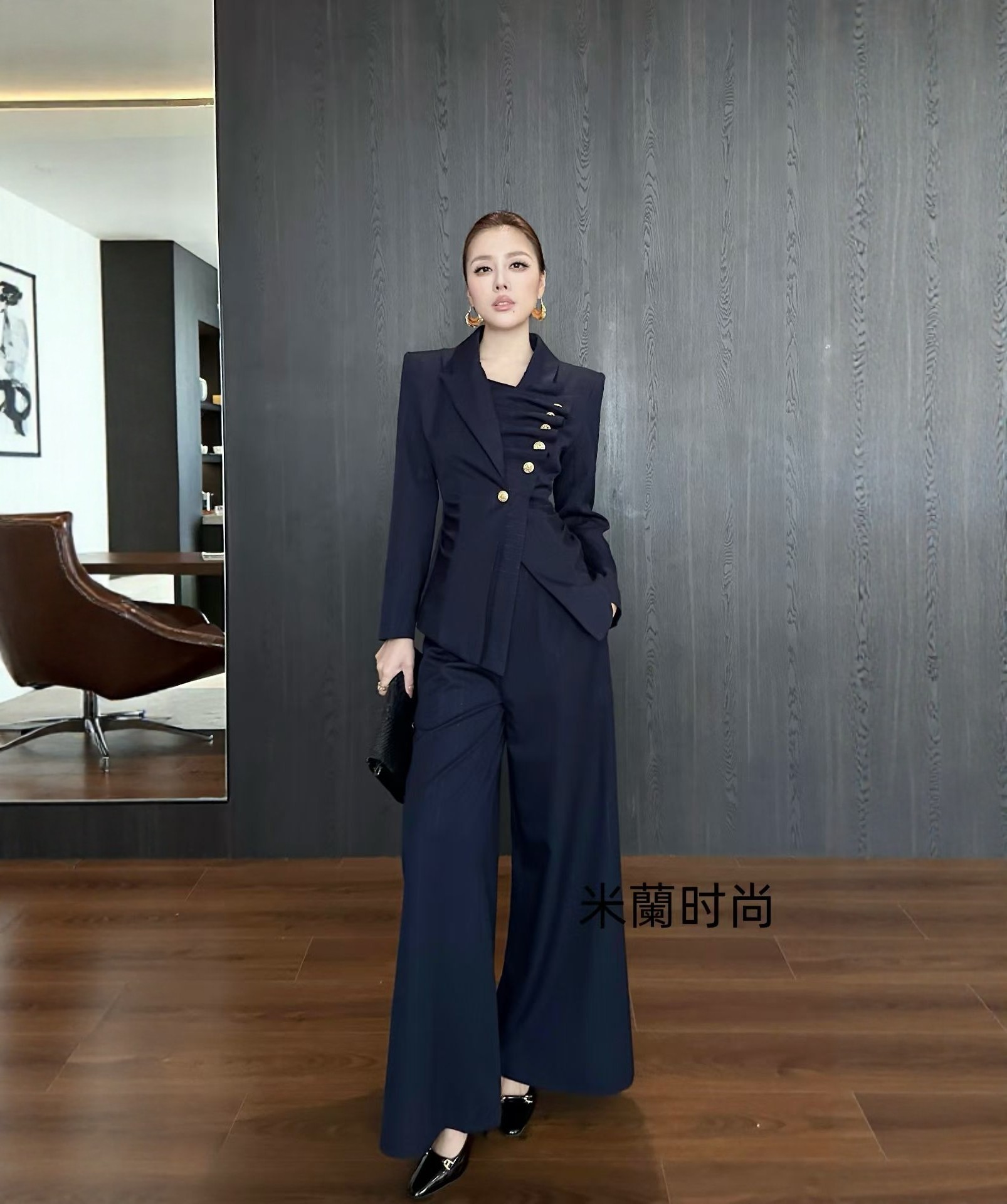 春秋季新款气质名媛风设计感西装外套阔腿裤两件套女时尚套装