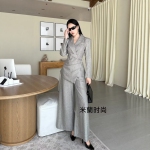 韩系休闲收腰西装套装女开叉斜扣条纹西服外套高腰阔腿裤两件套秋