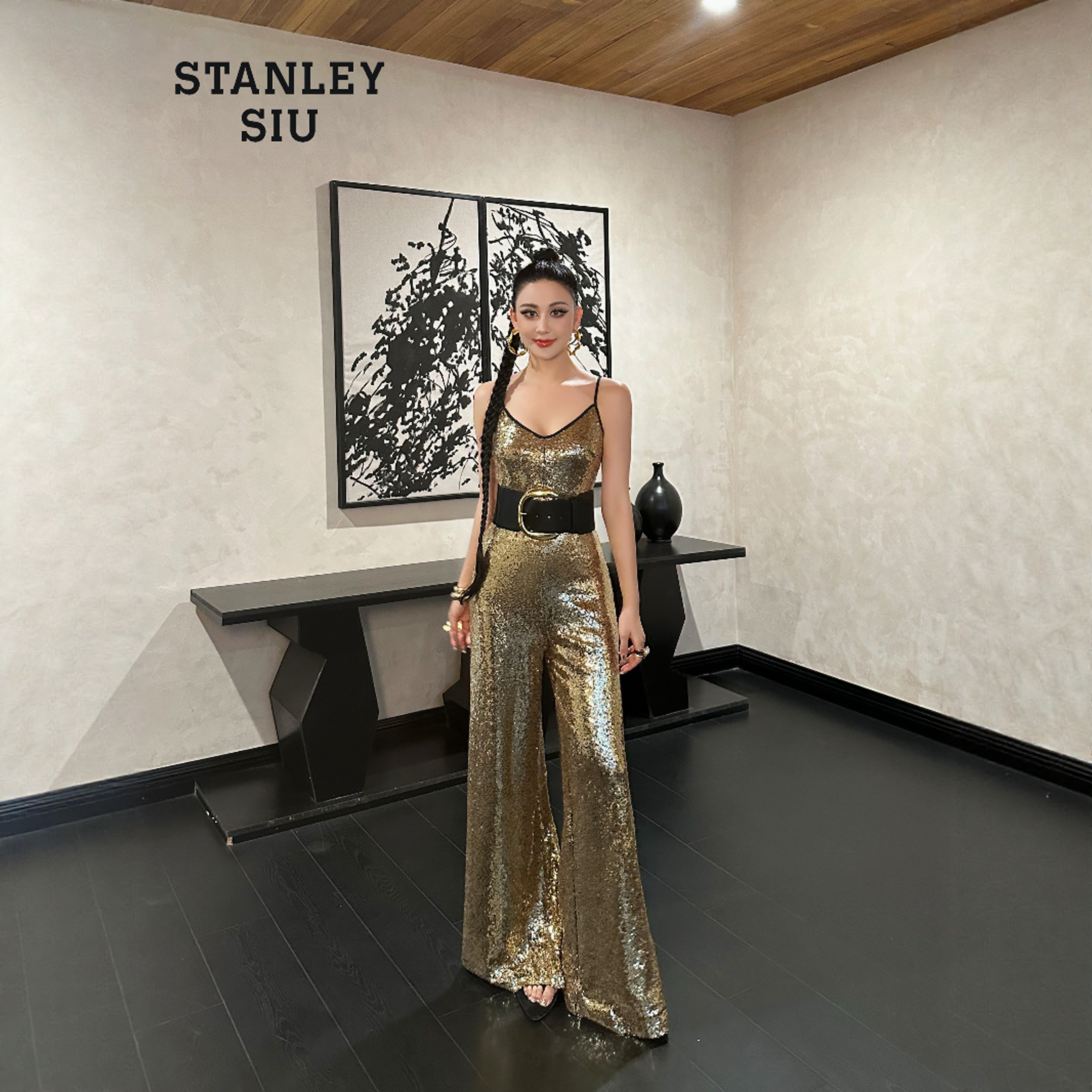 夏季新款时尚气质御姐范高腰显瘦亮片阔腿裤女设计感小众长裤百搭