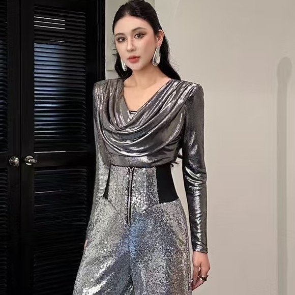 气质御姐范上衣2025春季新款百搭长袖烫金弹力T恤女